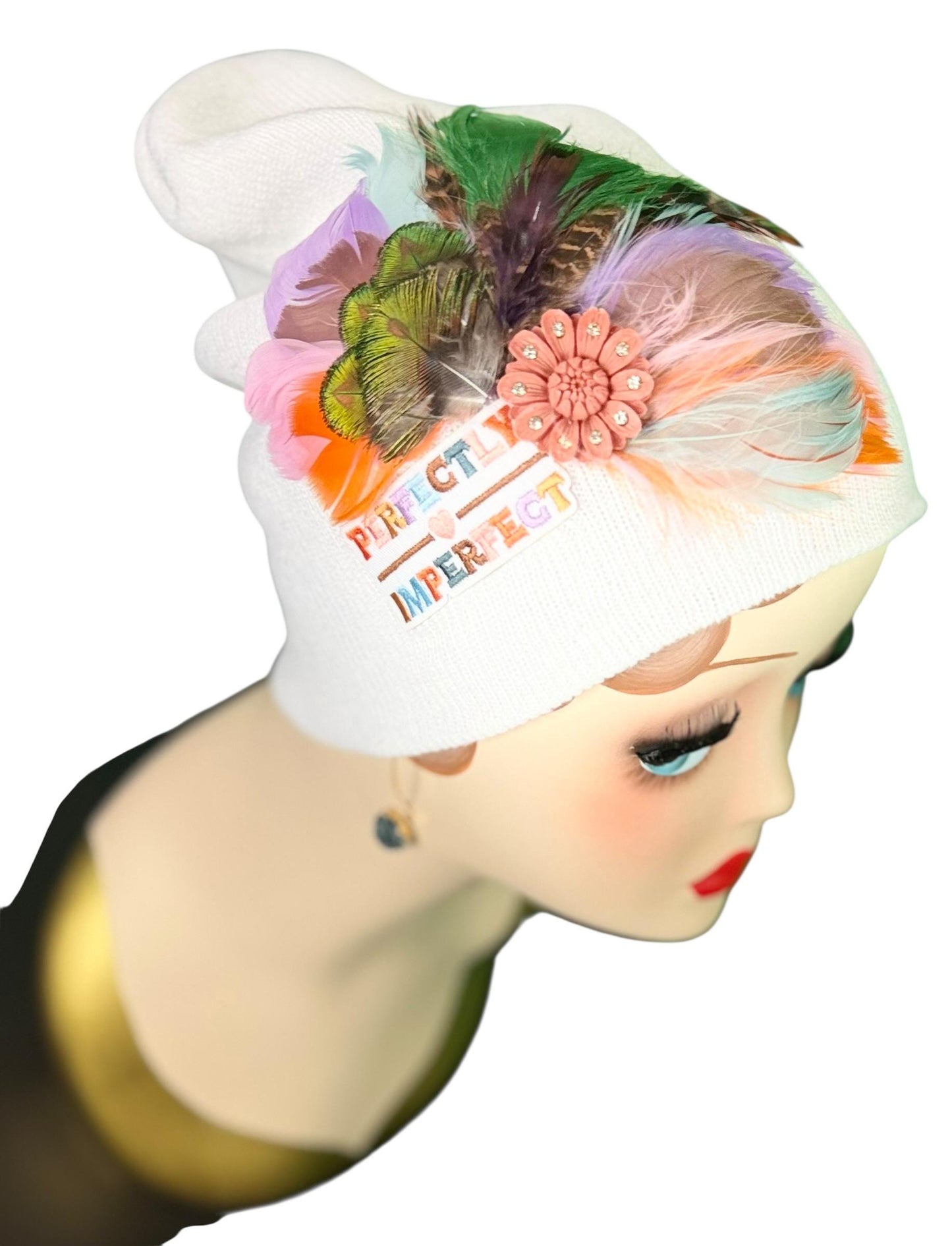 Perfectly Imperfect Patchwork - Feather Trimmed & Jeweled - All Season’s Beanie