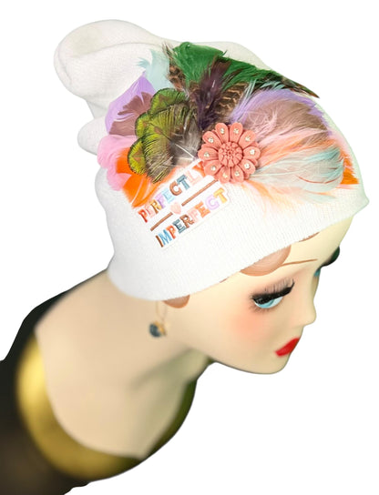 Perfectly Imperfect Patchwork - Feather Trimmed & Jeweled - All Season’s Beanie