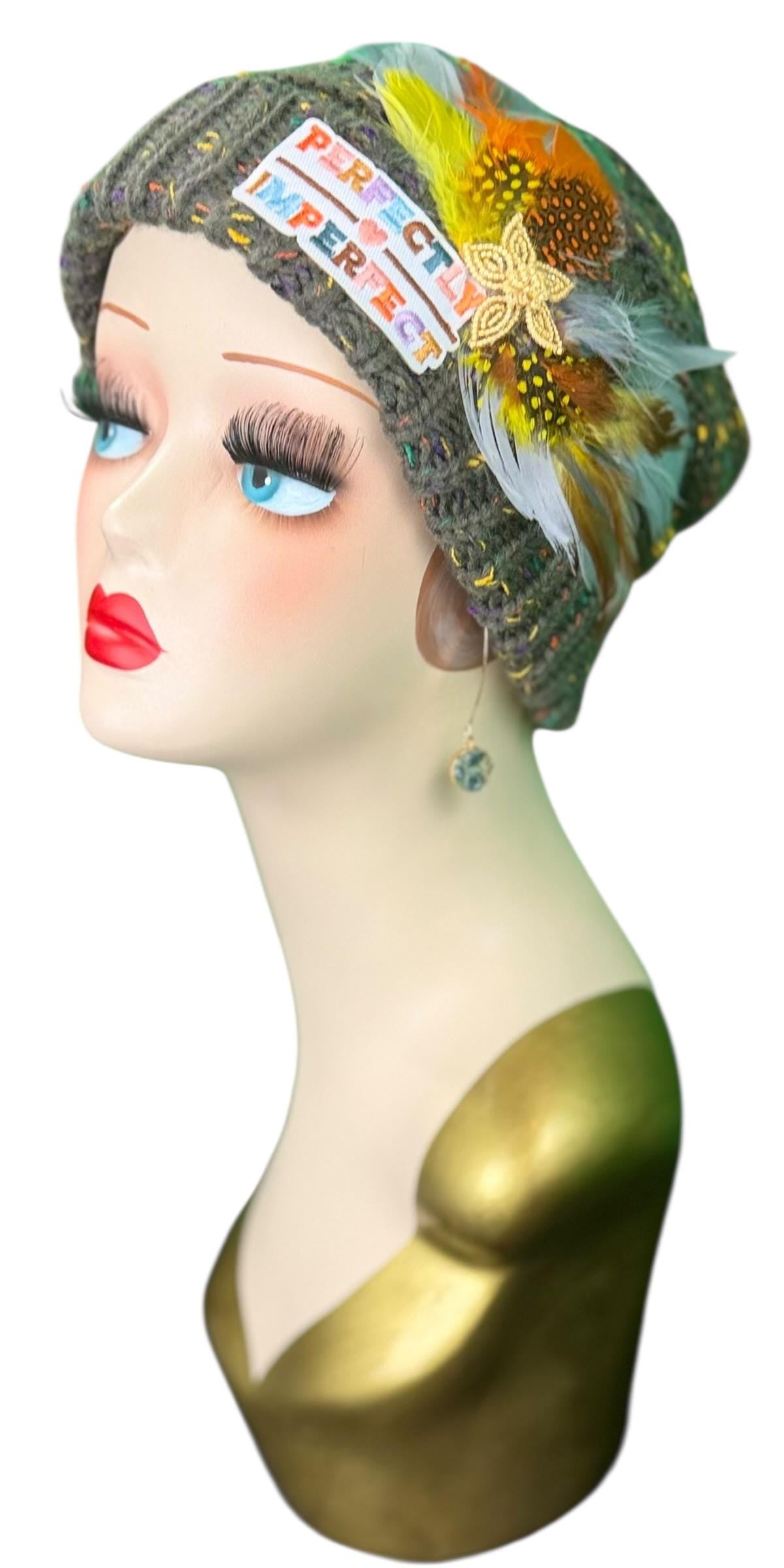 Perfectly Imperfect Patchwork - Feather Trimmed & Jeweled - All Season’s Beanie