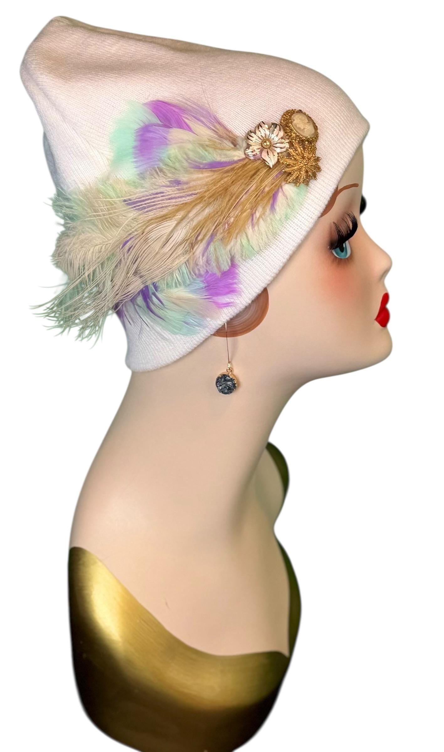 Springtime Pastels Vintage Inspired - Feather & Jeweled Embellishments - Elegant All Season Wear