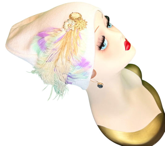 Springtime Pastels Vintage Inspired - Feather & Jeweled Embellishments - Elegant All Season Wear