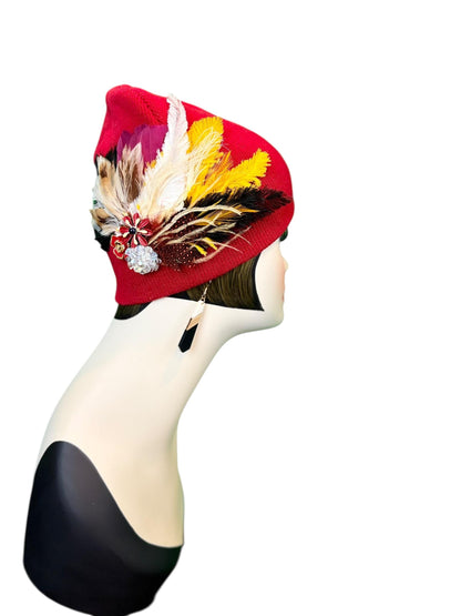 Fancy Jeweled Embellished Knit Hat - Feathered Flapper - Unique Hat - Fashionable All Season Wear