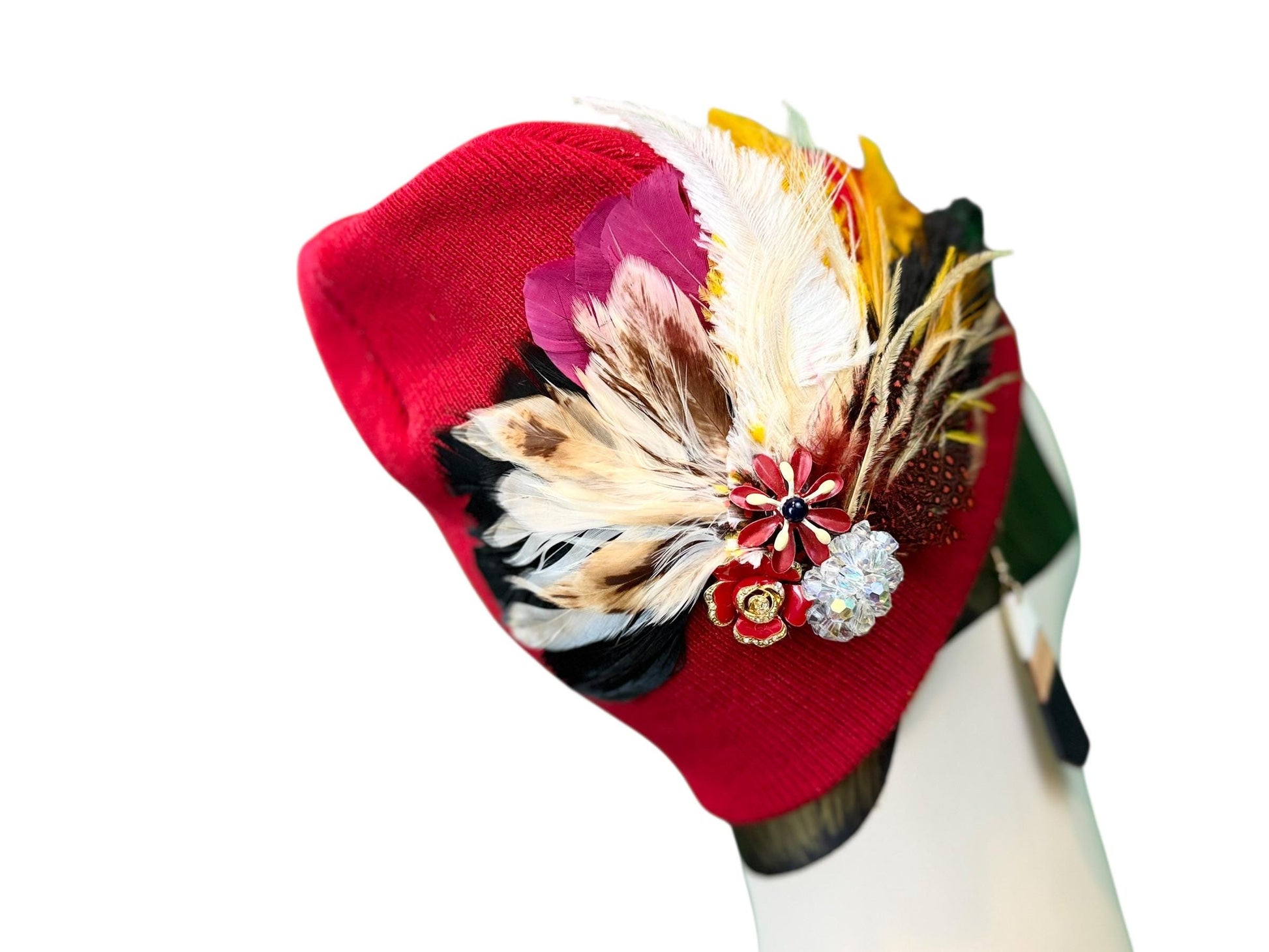 Fancy Jeweled Embellished Knit Hat - Feathered Flapper - Unique Hat - Fashionable All Season Wear