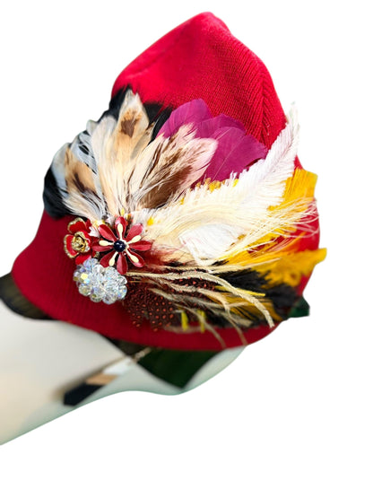 Fancy Jeweled Embellished Knit Hat - Feathered Flapper - Unique Hat - Fashionable All Season Wear