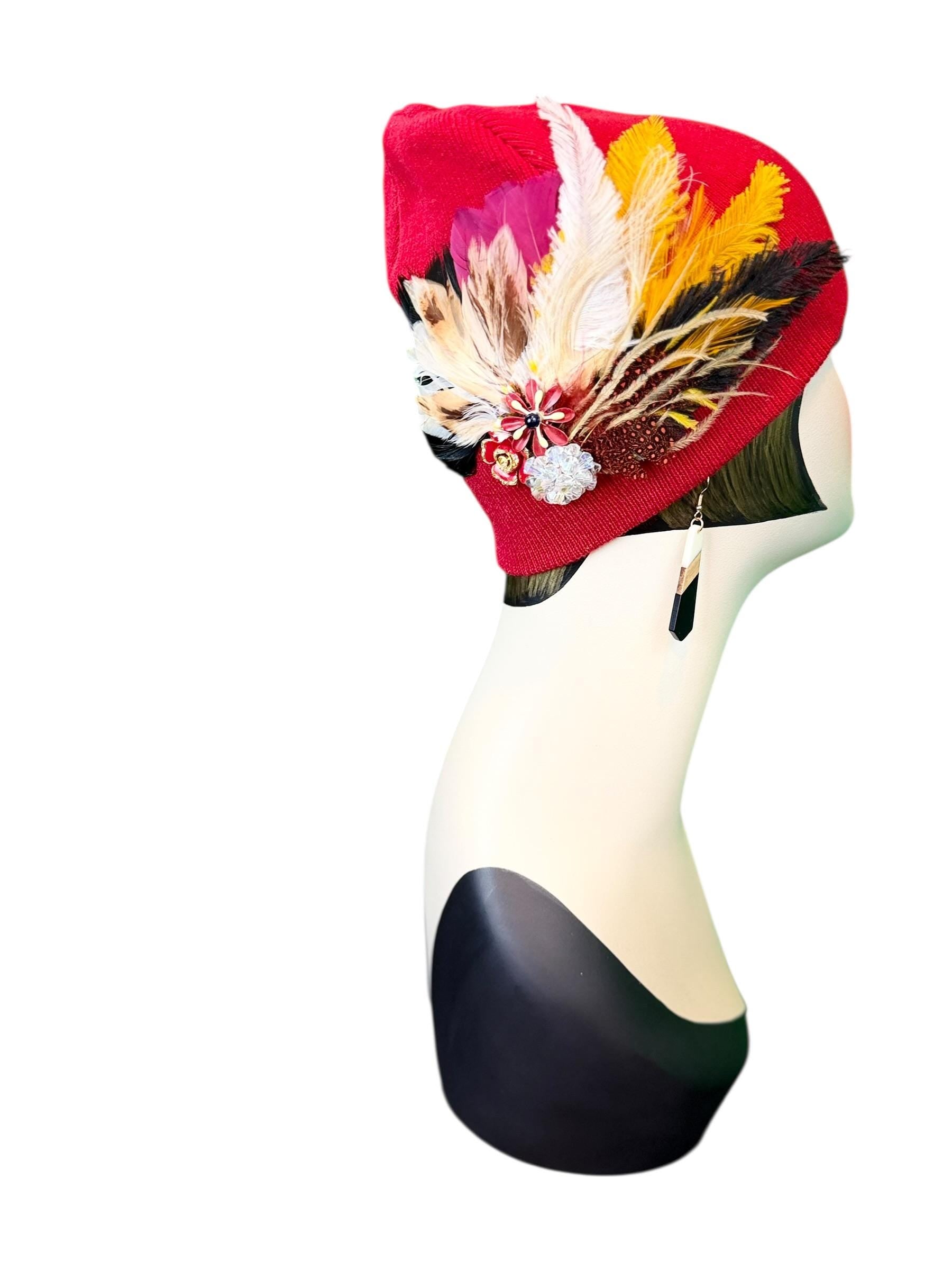 Fancy Jeweled Embellished Knit Hat - Feathered Flapper - Unique Hat - Fashionable All Season Wear