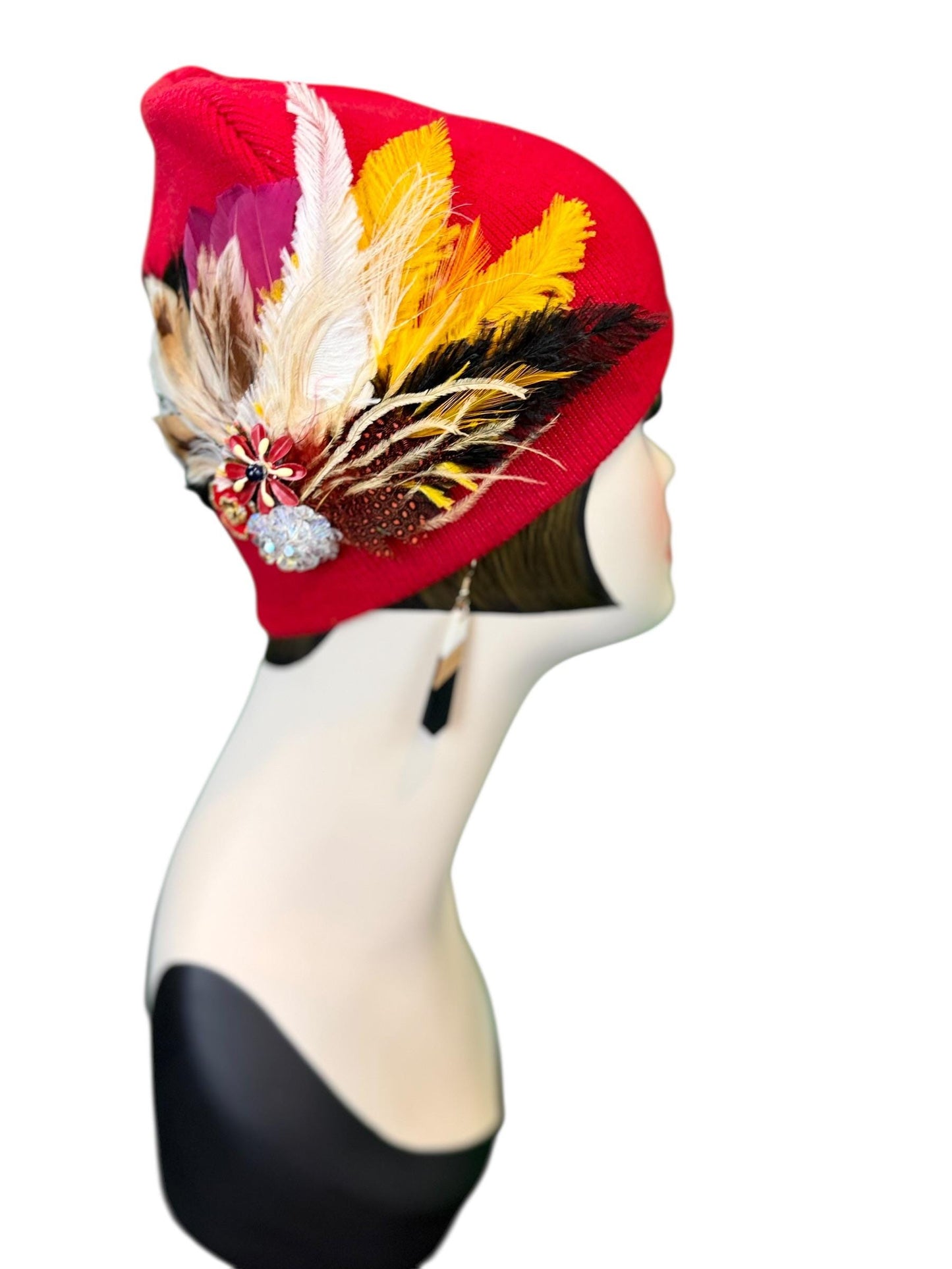 Fancy Jeweled Embellished Knit Hat - Feathered Flapper - Unique Hat - Fashionable All Season Wear