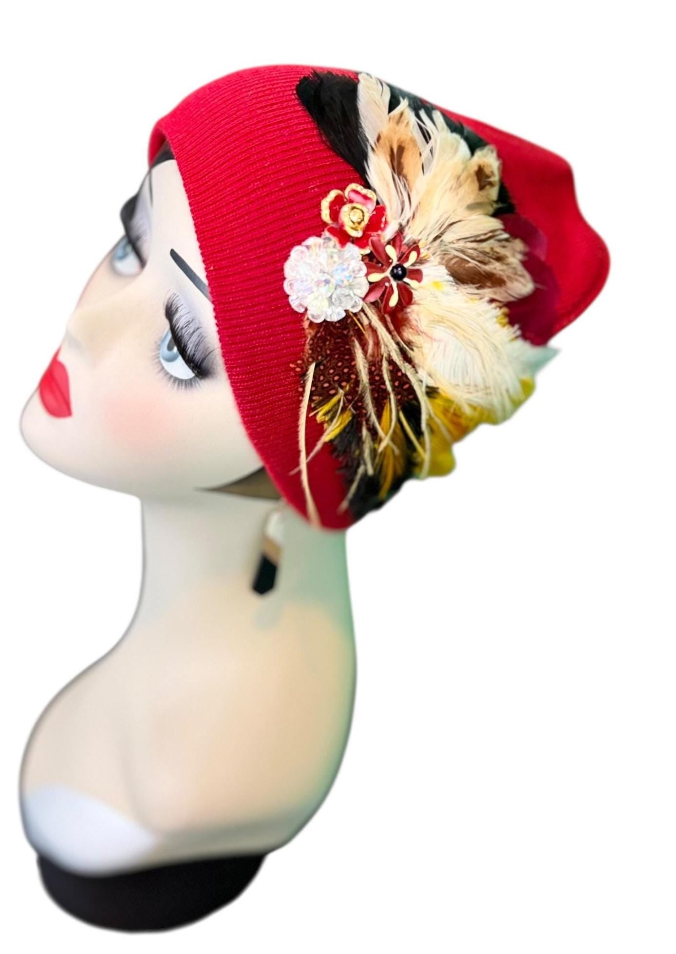 Fancy Jeweled Embellished Knit Hat - Feathered Flapper - Unique Hat - Fashionable All Season Wear
