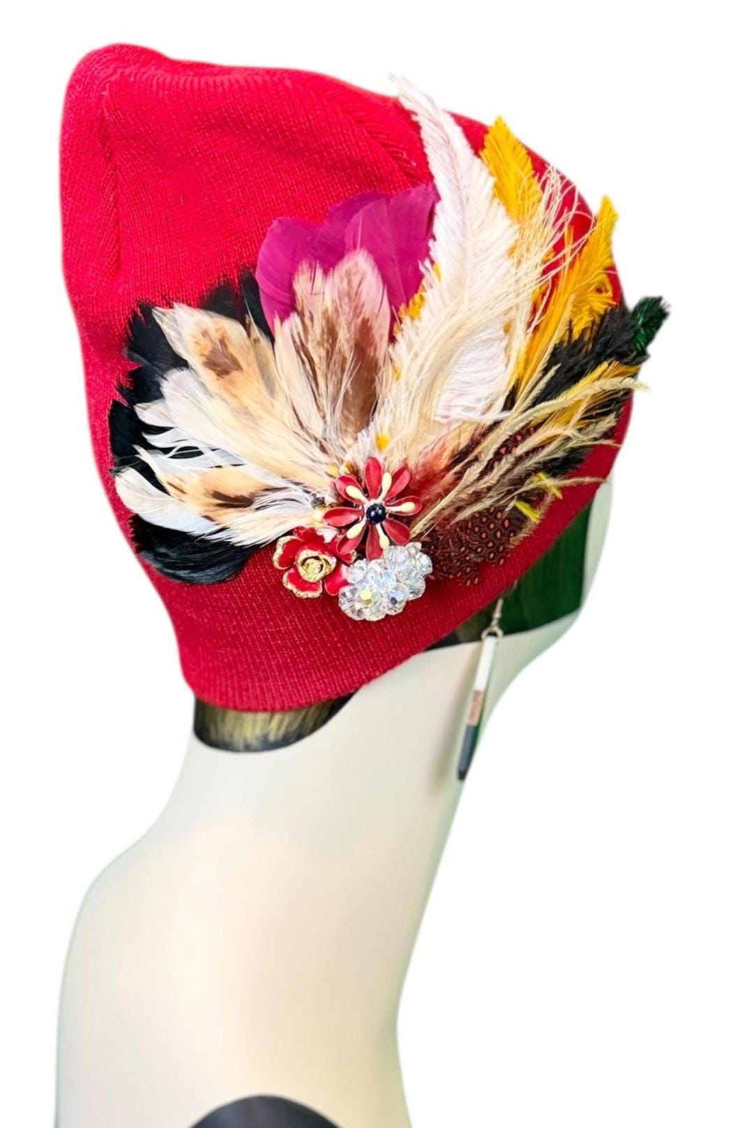 Fancy Jeweled Embellished Knit Hat - Feathered Flapper - Unique Hat - Fashionable All Season Wear
