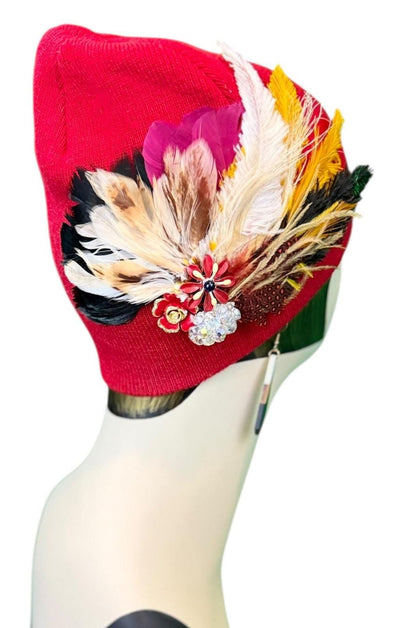 Fancy Jeweled Embellished Knit Hat - Feathered Flapper - Unique Hat - Fashionable All Season Wear
