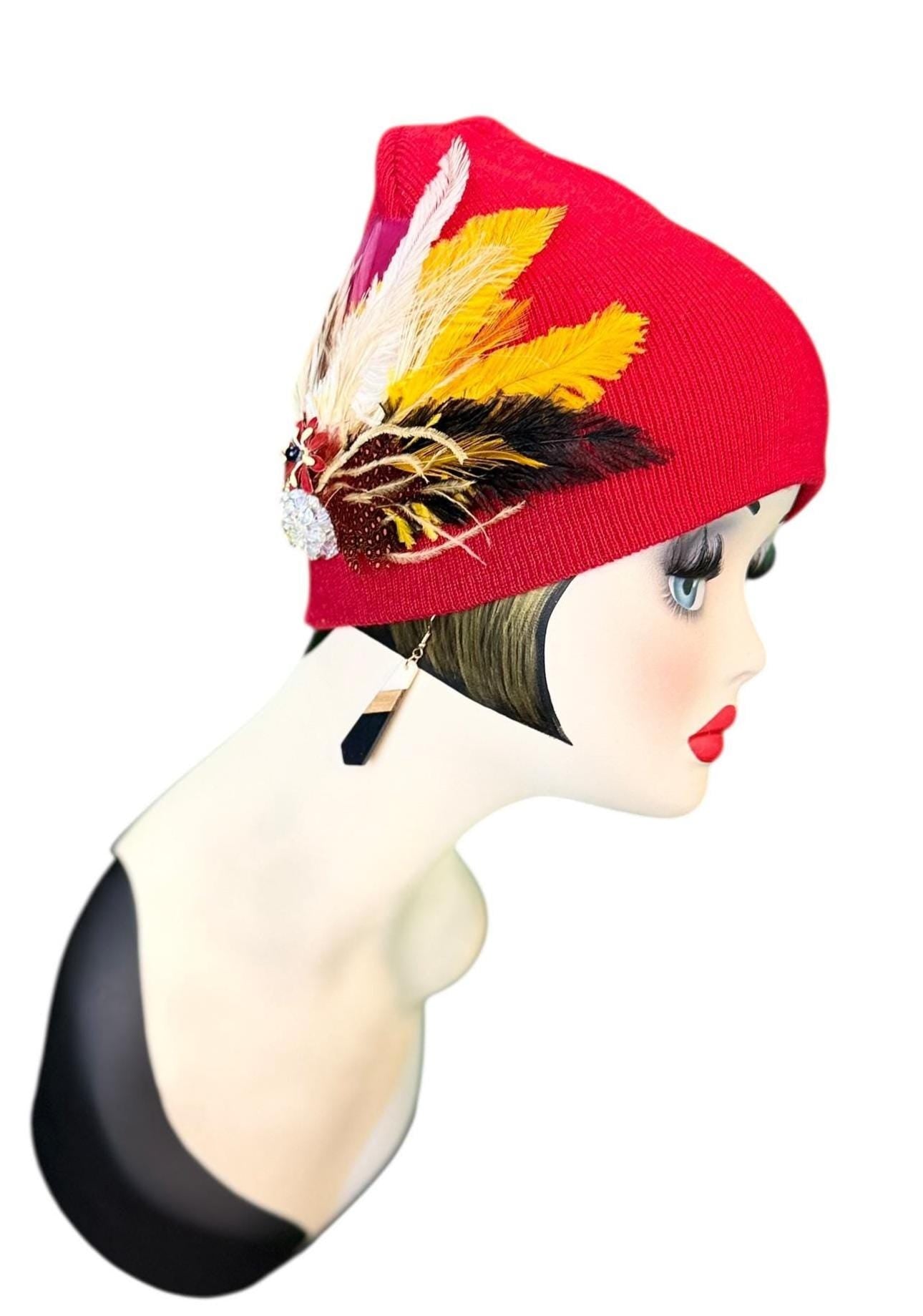 Fancy Jeweled Embellished Knit Hat - Feathered Flapper - Unique Hat - Fashionable All Season Wear
