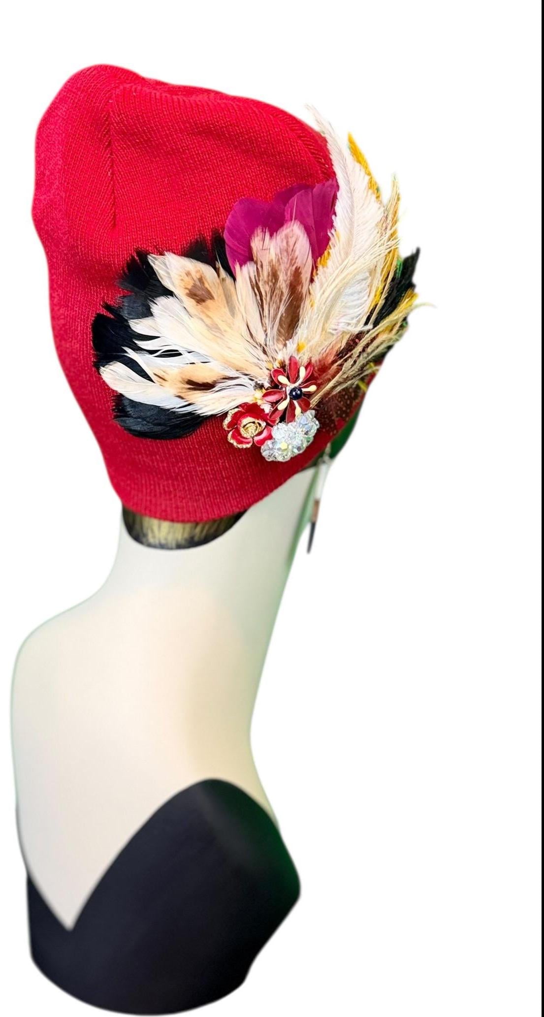 Fancy Jeweled Embellished Knit Hat - Feathered Flapper - Unique Hat - Fashionable All Season Wear
