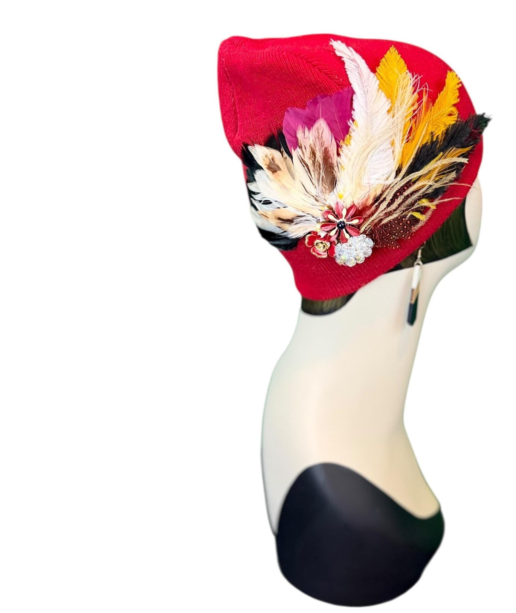 Fancy Jeweled Embellished Knit Hat - Feathered Flapper - Unique Hat - Fashionable All Season Wear