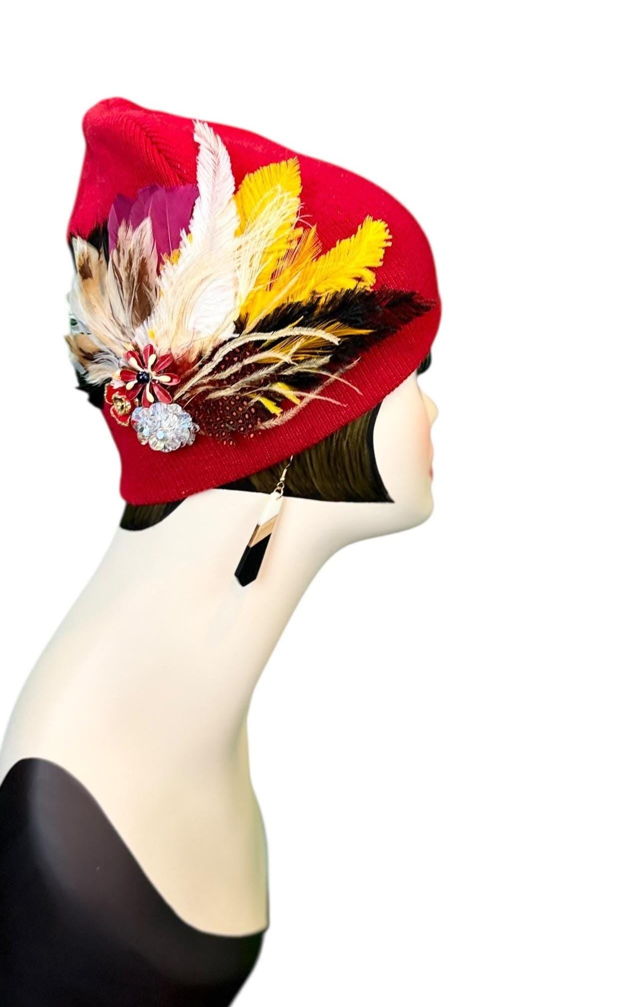 Fancy Jeweled Embellished Knit Hat - Feathered Flapper - Unique Hat - Fashionable All Season Wear