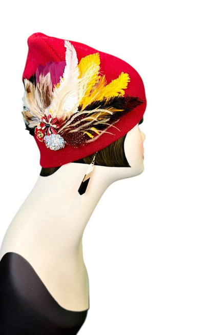 Fancy Jeweled Embellished Knit Hat - Feathered Flapper - Unique Hat - Fashionable All Season Wear