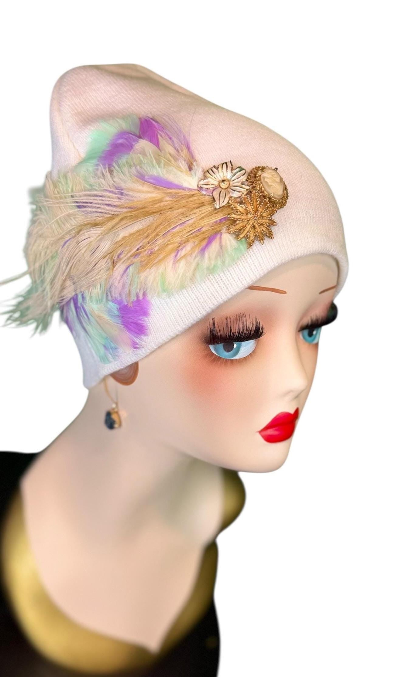 Springtime Pastels Vintage Inspired - Feather & Jeweled Embellishments - Elegant All Season Wear