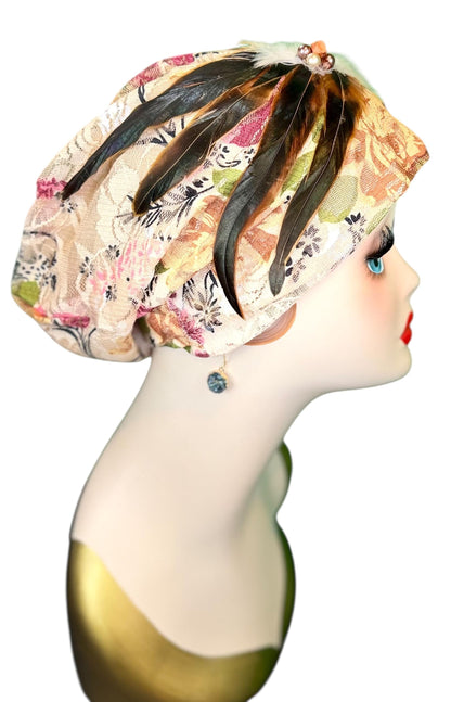 Cashmere Crème Statement Floral Lace Flapper - Vintage Jeweled & Feathered Designer Collectible Accessory