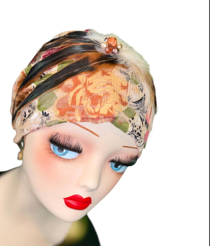 Cashmere Crème Statement Floral Lace Flapper - Vintage Jeweled & Feathered Designer Collectible Accessory