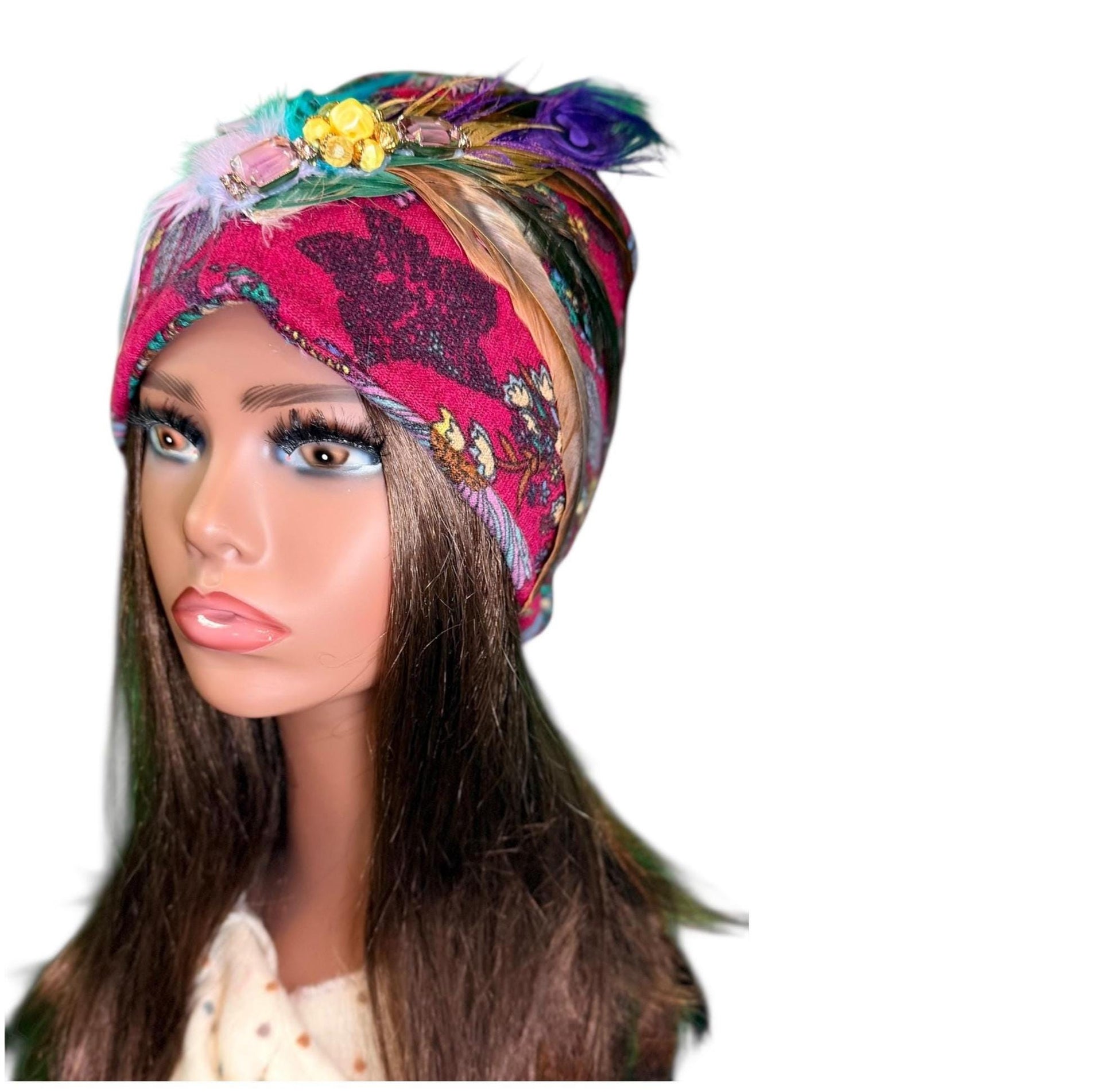 Statement Flower Flapper Jeweled Designer Feathered Winter Knit Hat