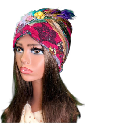 Statement Flower Flapper Jeweled Designer Feathered Winter Knit Hat