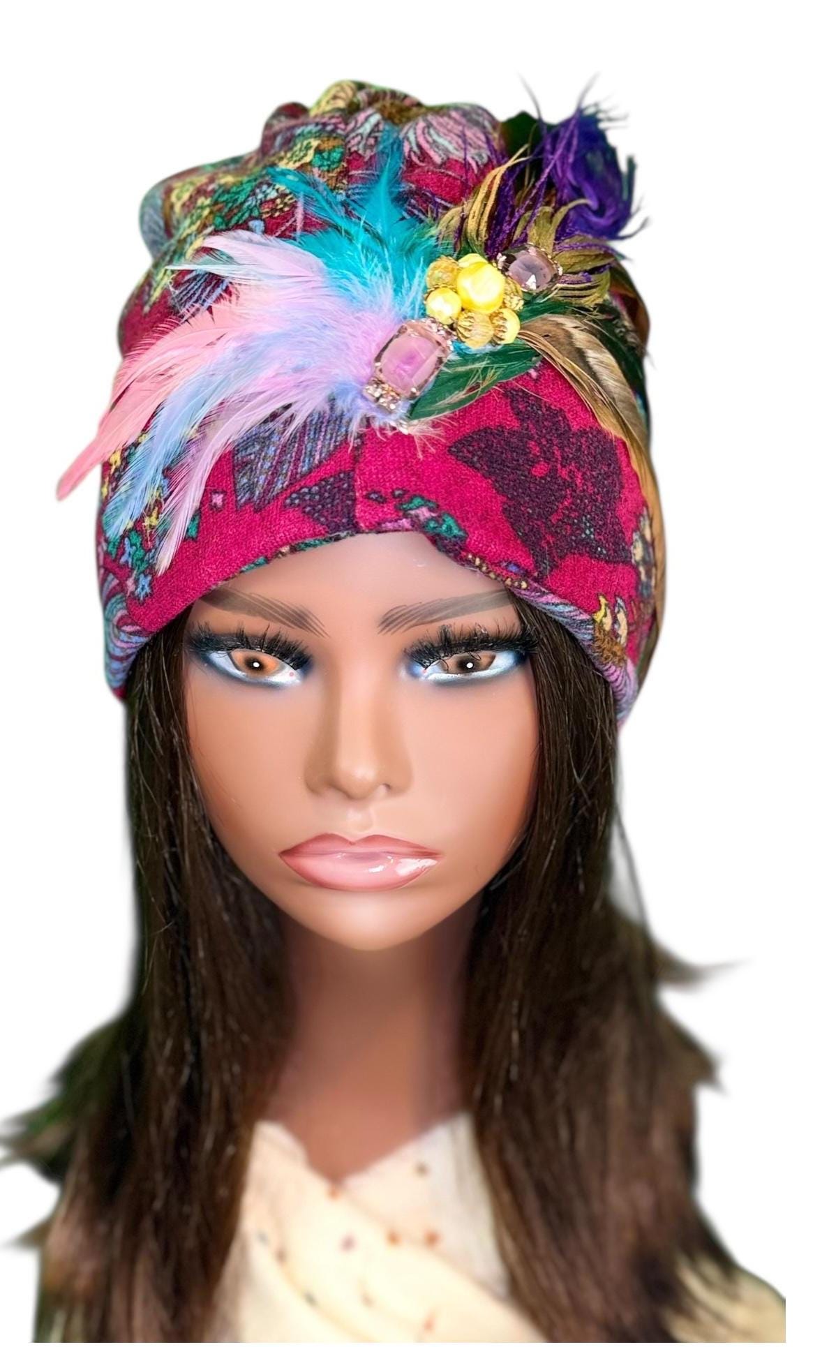 Statement Flower Flapper Jeweled Designer Feathered Winter Knit Hat
