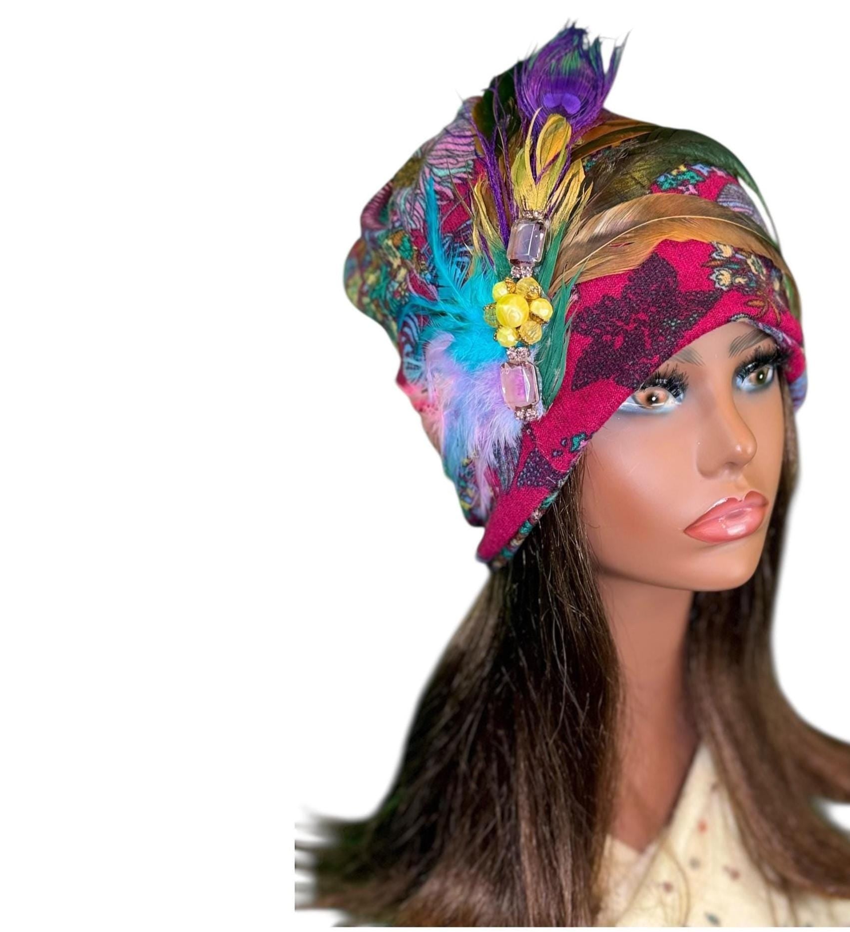 Statement Flower Flapper Jeweled Designer Feathered Winter Knit Hat