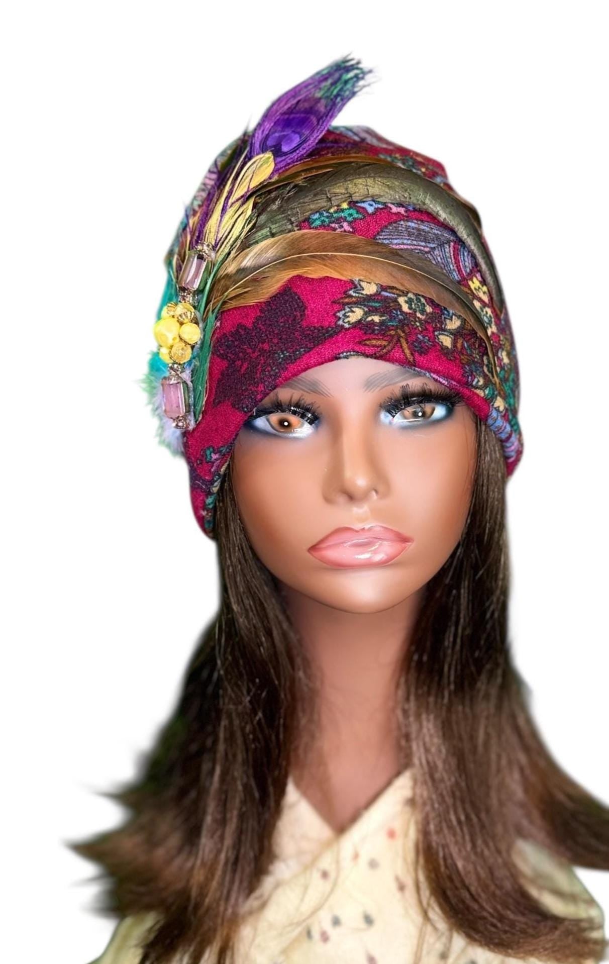 Statement Flower Flapper Jeweled Designer Feathered Winter Knit Hat