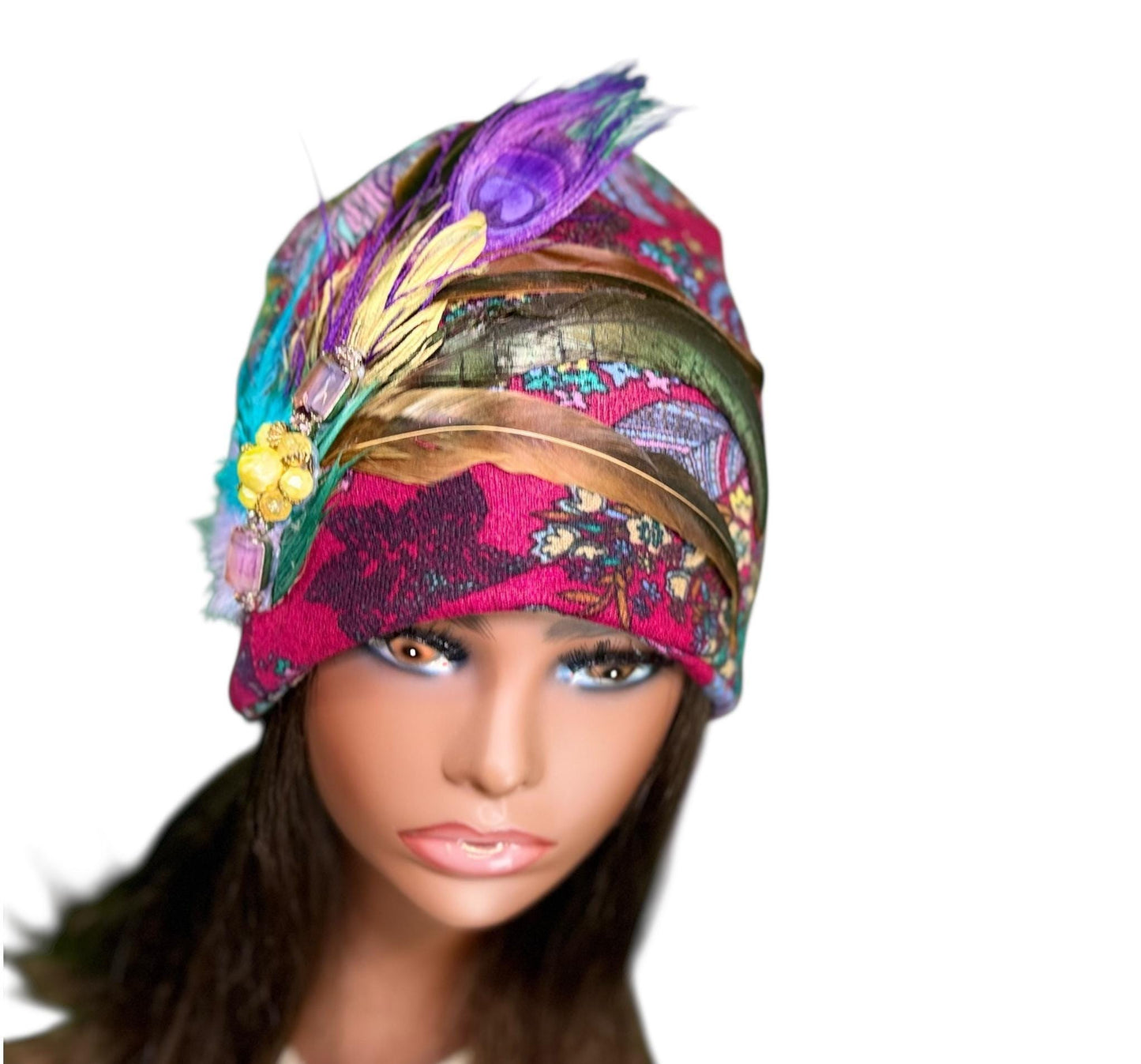Statement Flower Flapper Jeweled Designer Feathered Winter Knit Hat
