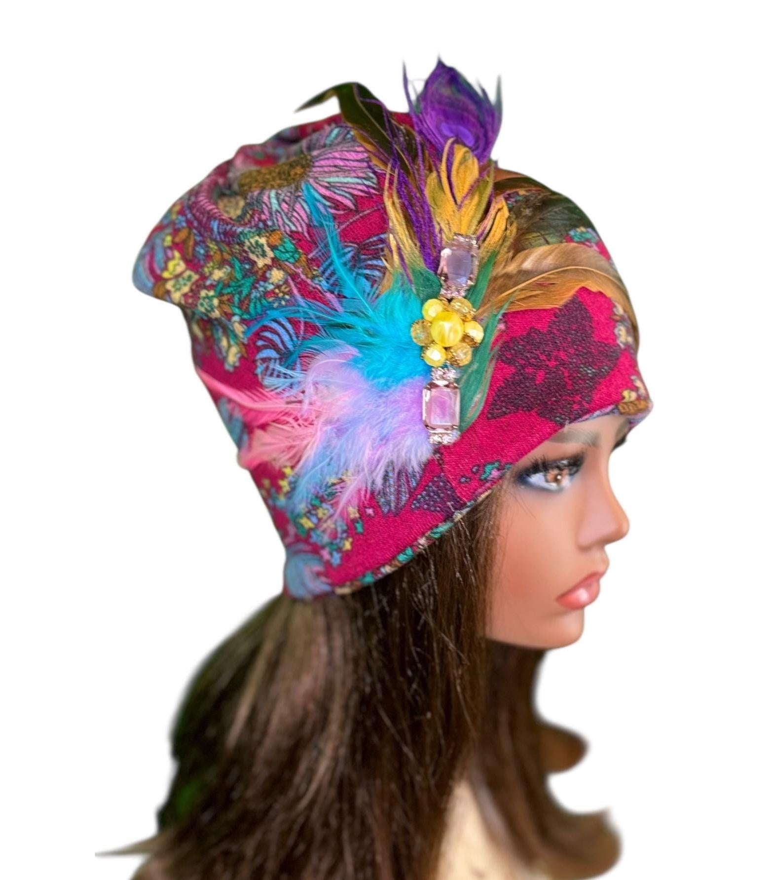 Statement Flower Flapper Jeweled Designer Feathered Winter Knit Hat
