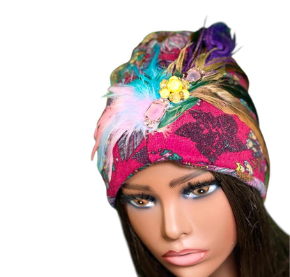 Statement Flower Flapper Jeweled Designer Feathered Winter Knit Hat