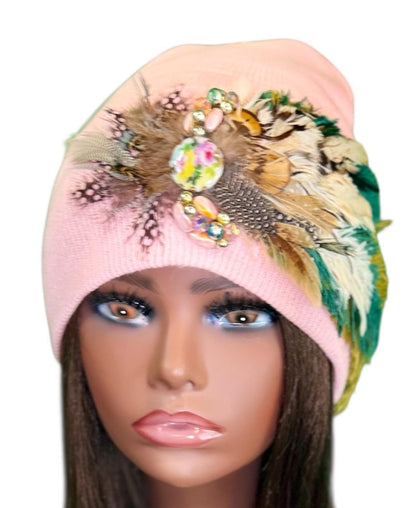 Butterfly Inspired Feathered Jeweled Knit Hat - Sparkly Winter Flapper Beanie
