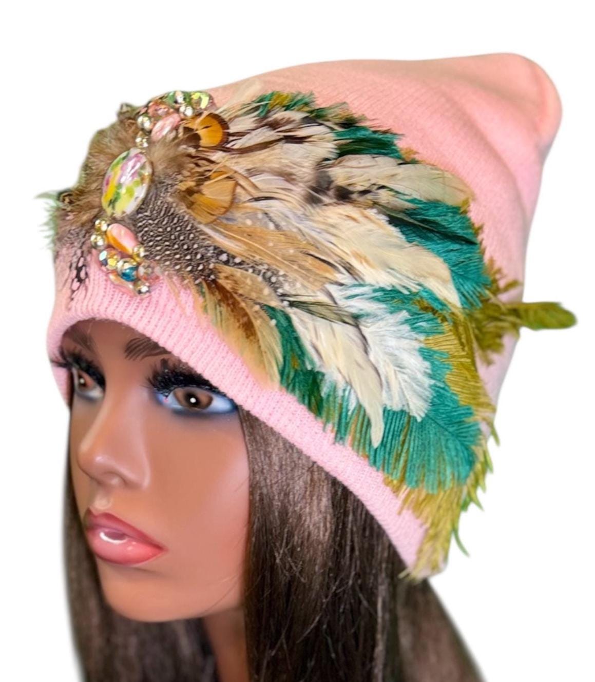 Butterfly Inspired Feathered Jeweled Knit Hat - Sparkly Winter Flapper Beanie