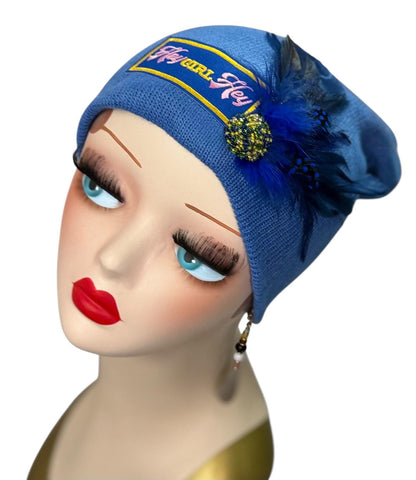 Stylish Statement “HEY Girl HEY” Patchwork Vintage Jeweled & Feather Embellished Designer Beanie
