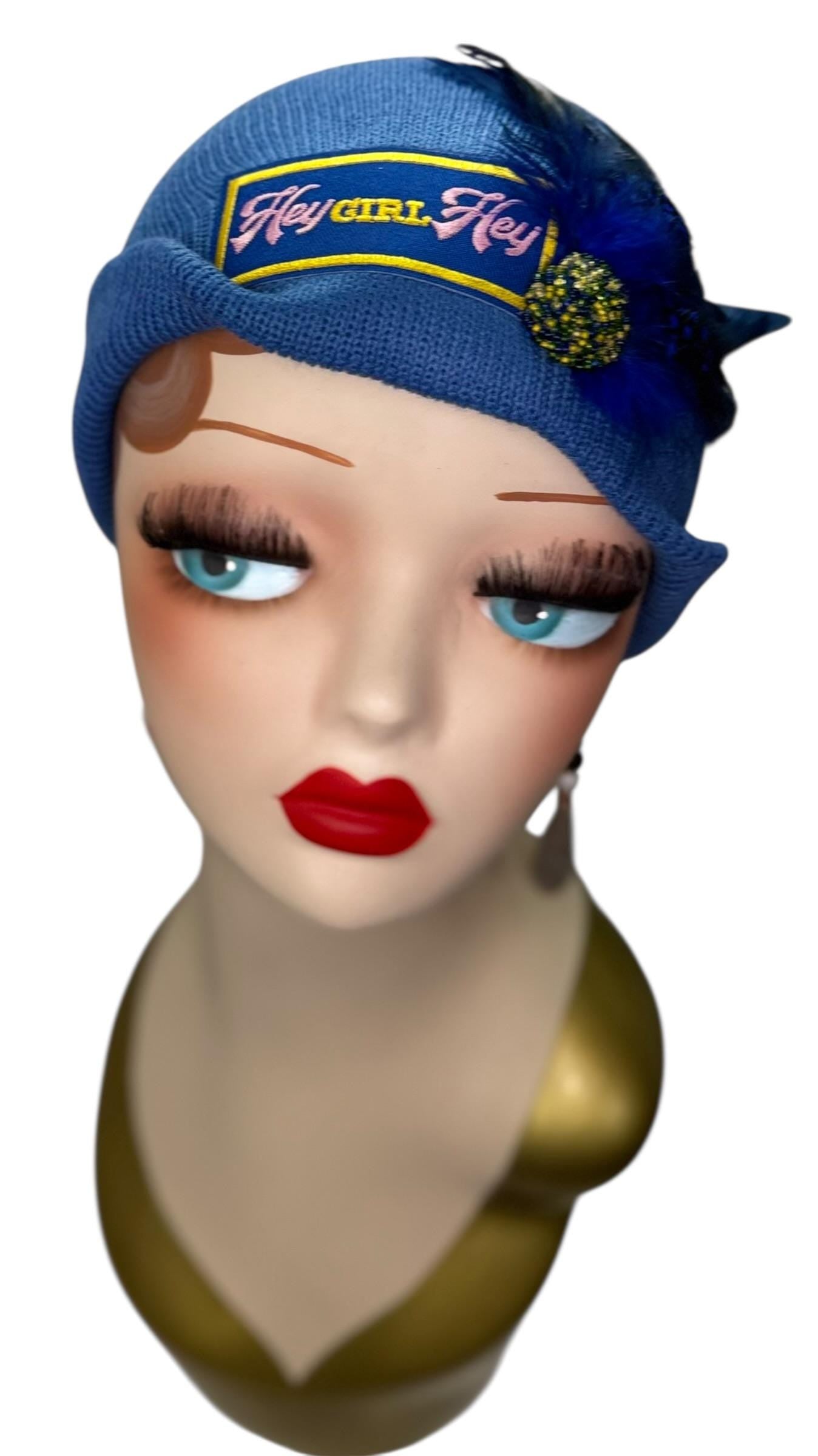 Stylish Statement “HEY Girl HEY” Patchwork Vintage Jeweled & Feather Embellished Designer Beanie