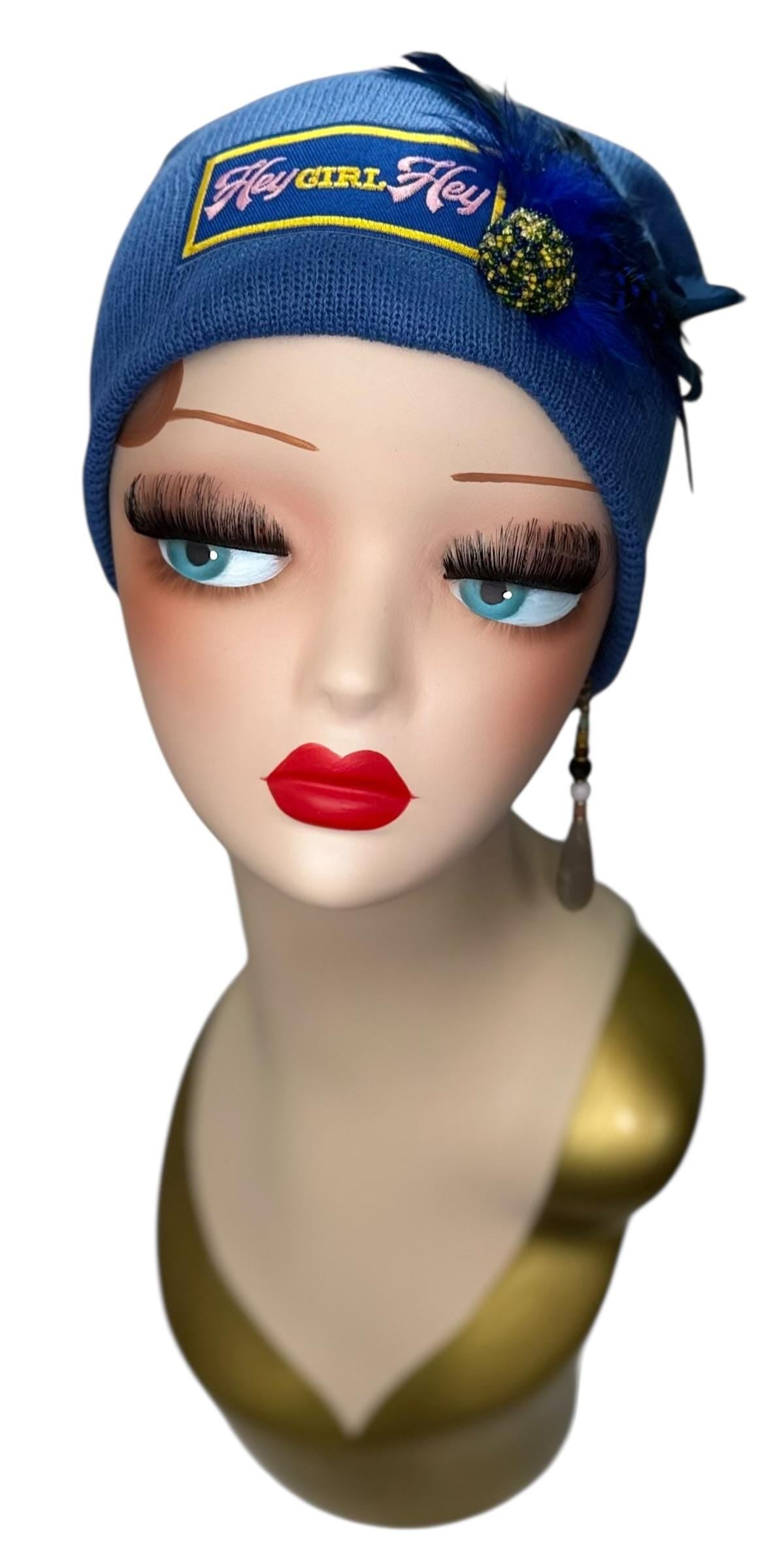 Stylish Statement “HEY Girl HEY” Patchwork Vintage Jeweled & Feather Embellished Designer Beanie