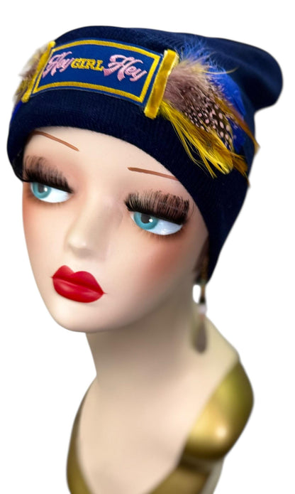Stylish Statement “HEY Girl HEY” Patchwork Vintage Jeweled & Feather Embellished Designer Beanie