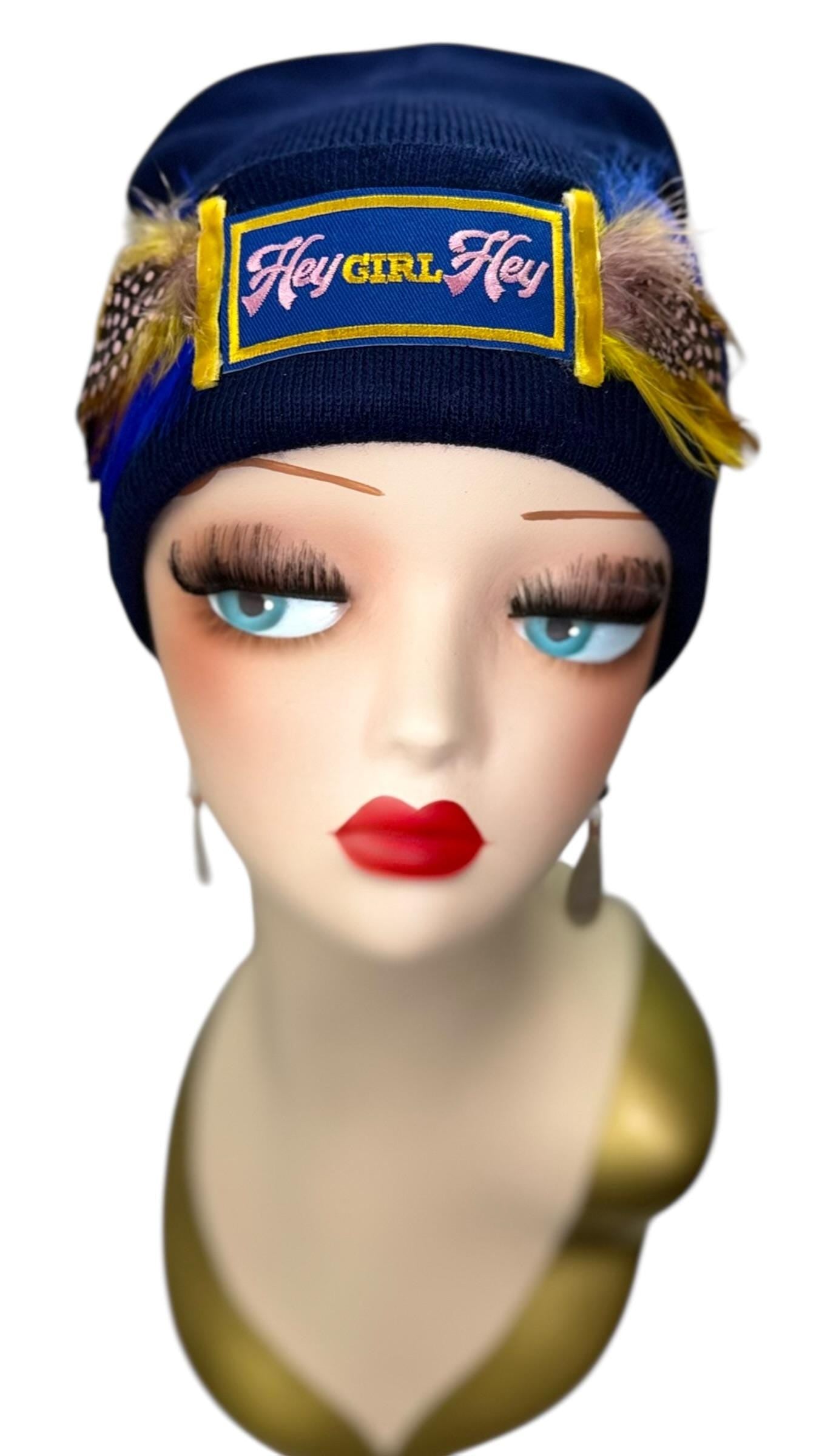 Stylish Statement “HEY Girl HEY” Patchwork Vintage Jeweled & Feather Embellished Designer Beanie