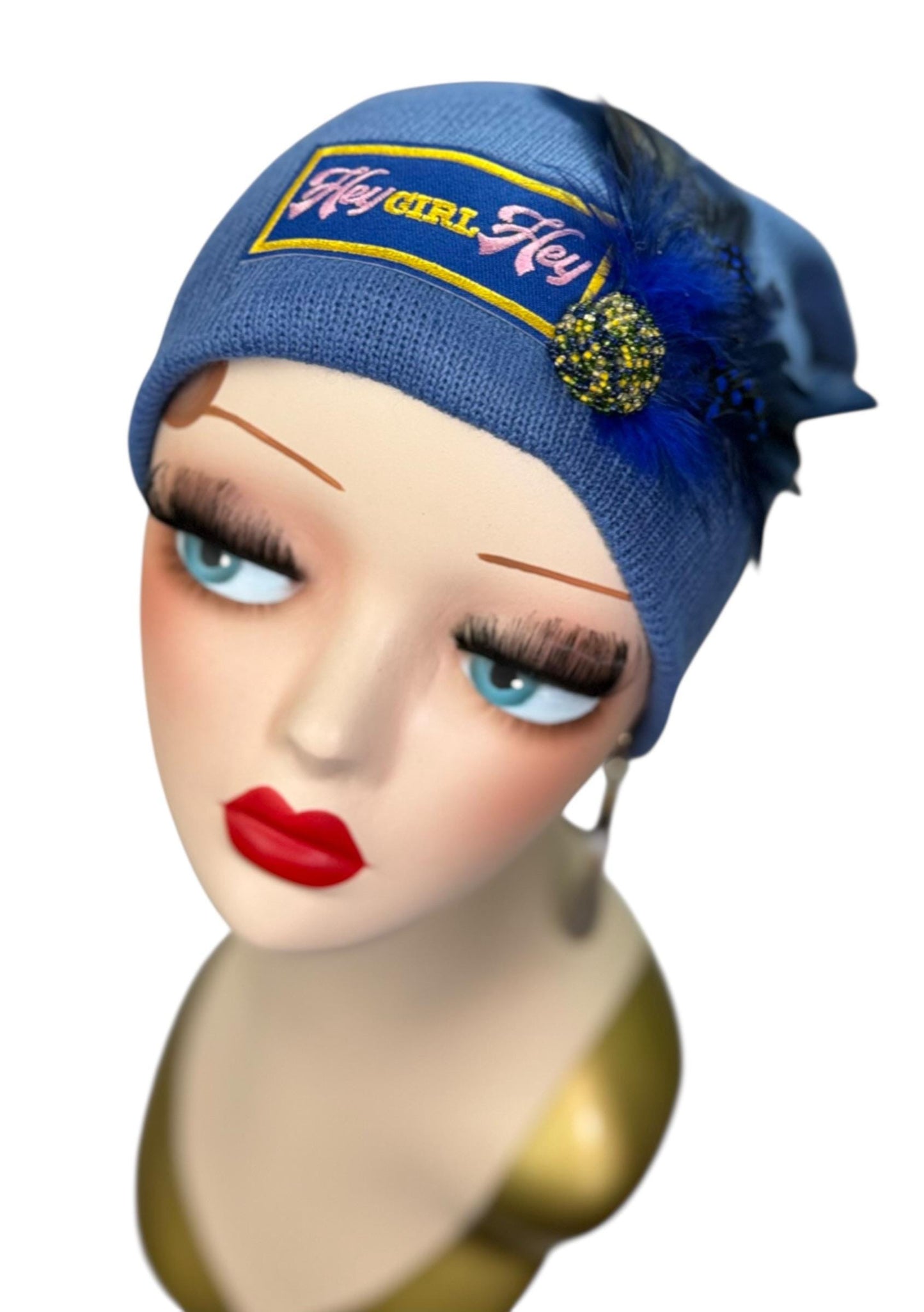 Stylish Statement “HEY Girl HEY” Patchwork Vintage Jeweled & Feather Embellished Designer Beanie