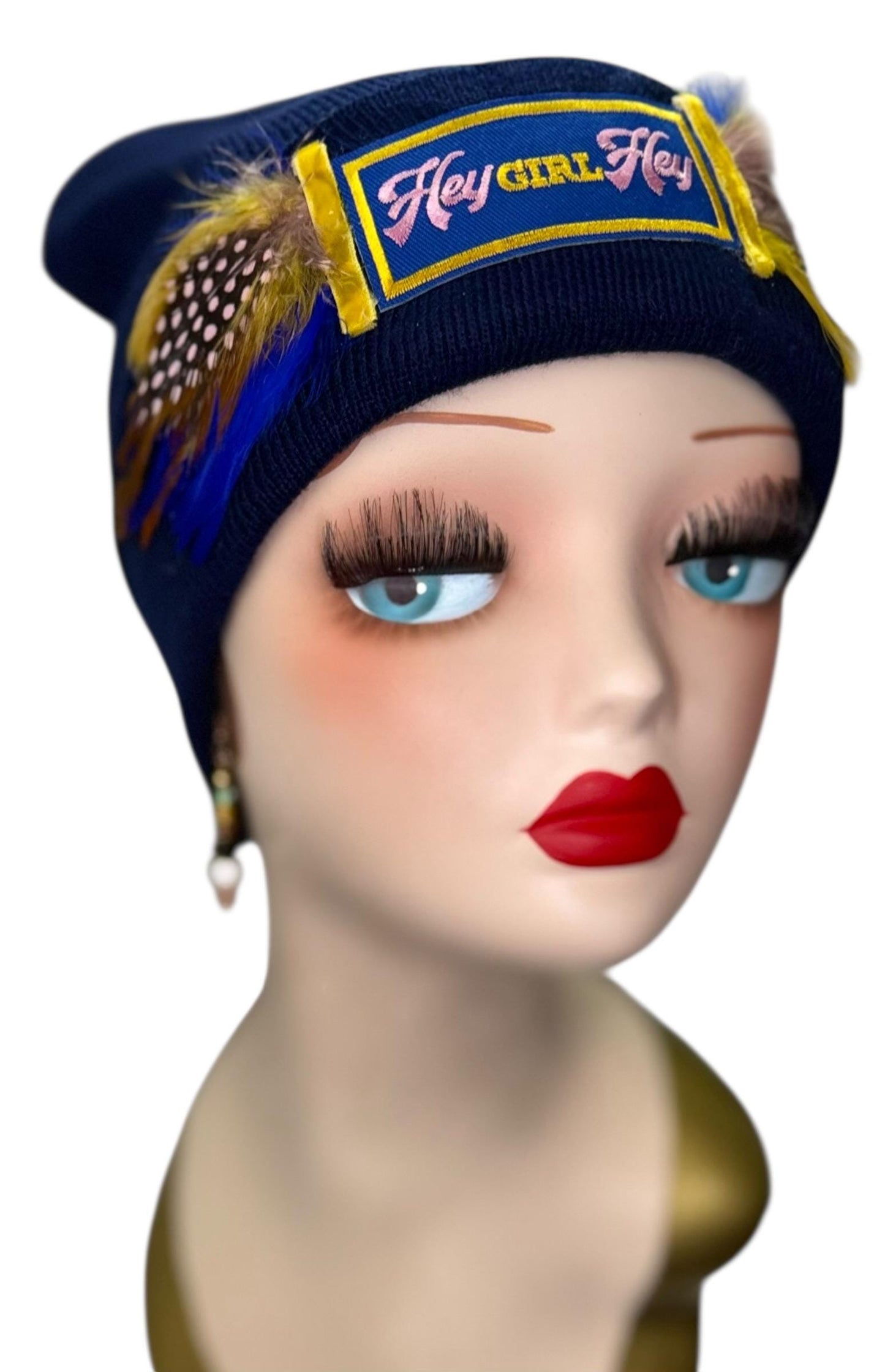 Stylish Statement “HEY Girl HEY” Patchwork Vintage Jeweled & Feather Embellished Designer Beanie