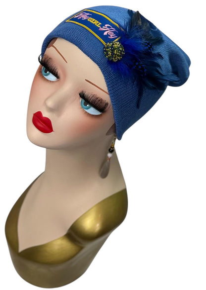 Stylish Statement “HEY Girl HEY” Patchwork Vintage Jeweled & Feather Embellished Designer Beanie