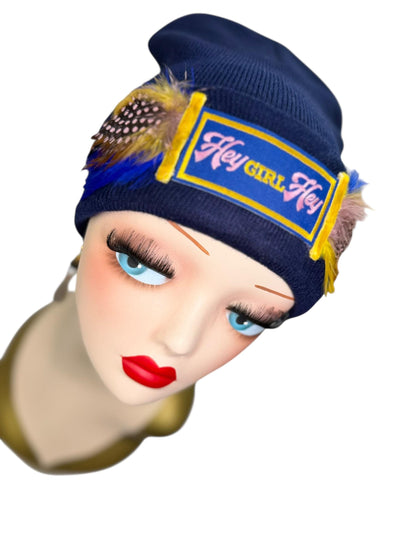 Stylish Statement “HEY Girl HEY” Patchwork Vintage Jeweled & Feather Embellished Designer Beanie