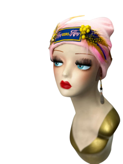 Stylish Pink Statement “HEY Girl HEY” Patchwork Vintage Jeweled & Feather Embellished Designer Beanie