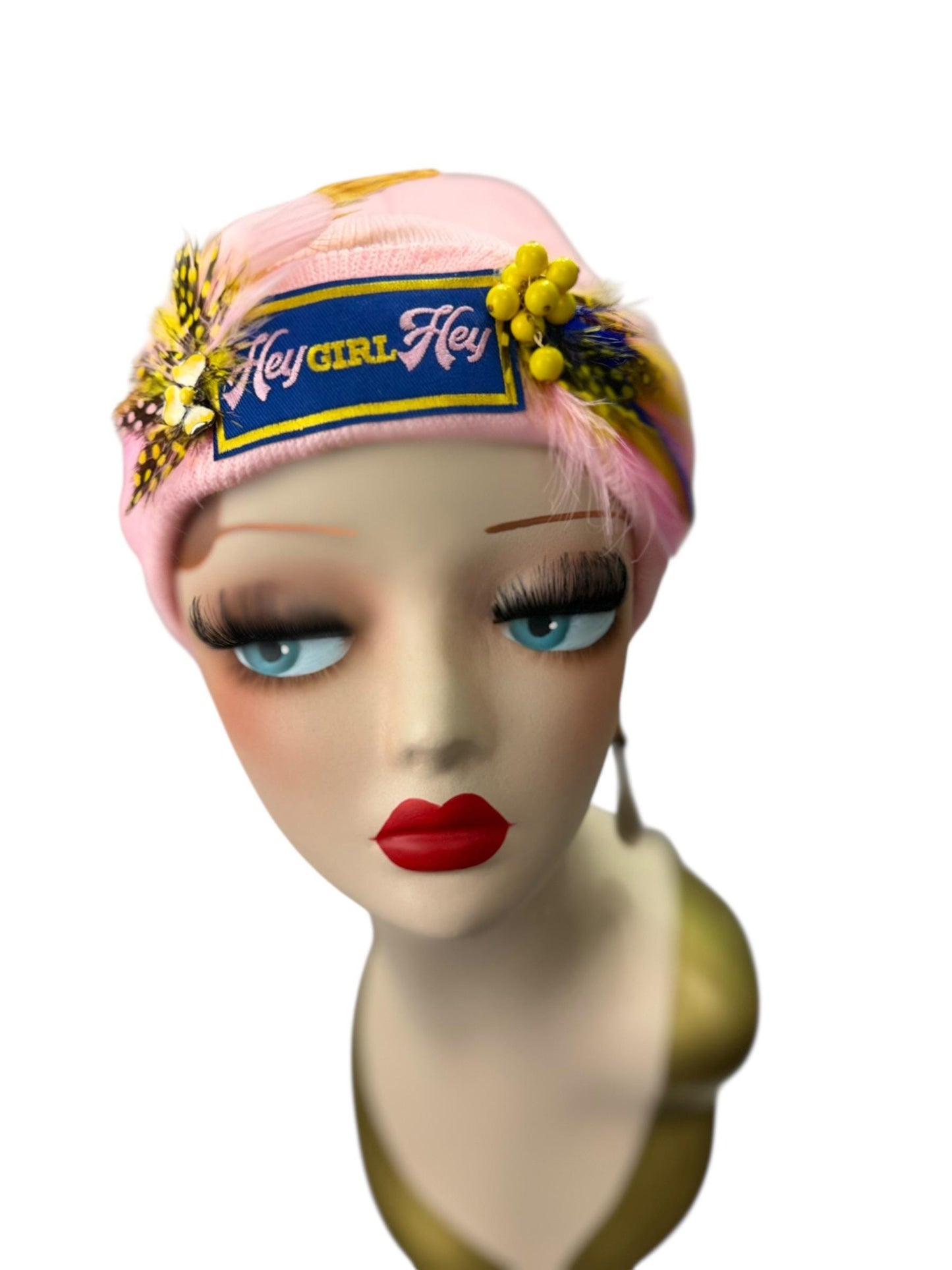Stylish Pink Statement “HEY Girl HEY” Patchwork Vintage Jeweled & Feather Embellished Designer Beanie