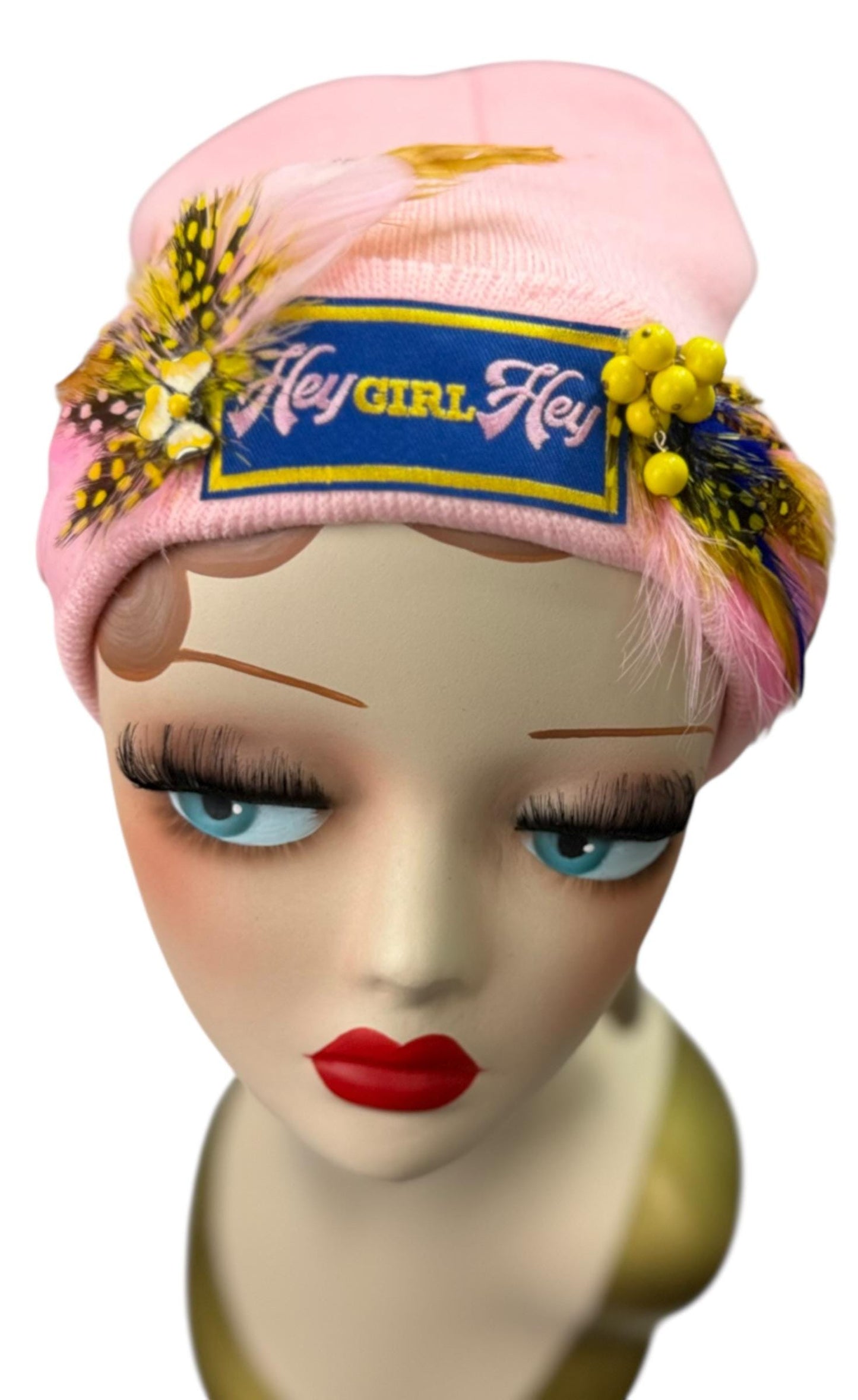 Stylish Pink Statement “HEY Girl HEY” Patchwork Vintage Jeweled & Feather Embellished Designer Beanie