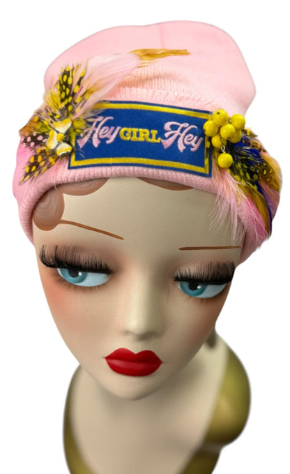 Stylish Pink Statement “HEY Girl HEY” Patchwork Vintage Jeweled & Feather Embellished Designer Beanie
