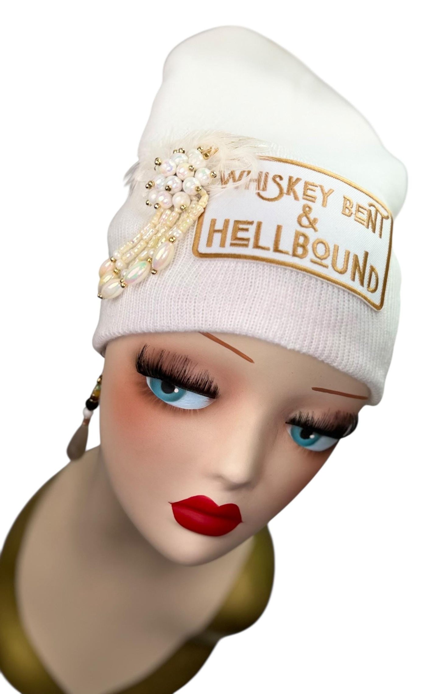Whiskey Bent & HellBound Statement Patchwork Vintage Jeweled Embellished Fashionable Beanie