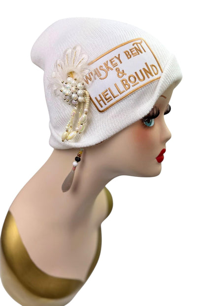 Whiskey Bent & HellBound Statement Patchwork Vintage Jeweled Embellished Fashionable Beanie