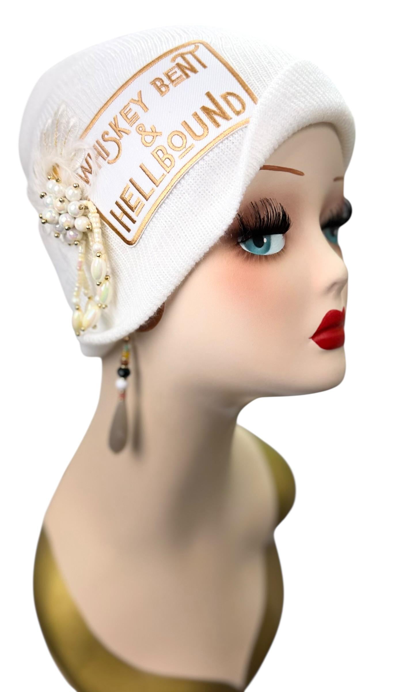 Whiskey Bent & HellBound Statement Patchwork Vintage Jeweled Embellished Fashionable Beanie
