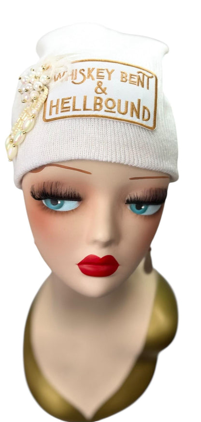 Whiskey Bent & HellBound Statement Patchwork Vintage Jeweled Embellished Fashionable Beanie