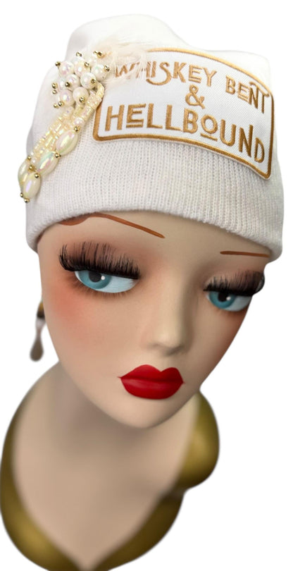 Whiskey Bent & HellBound Statement Patchwork Vintage Jeweled Embellished Fashionable Beanie