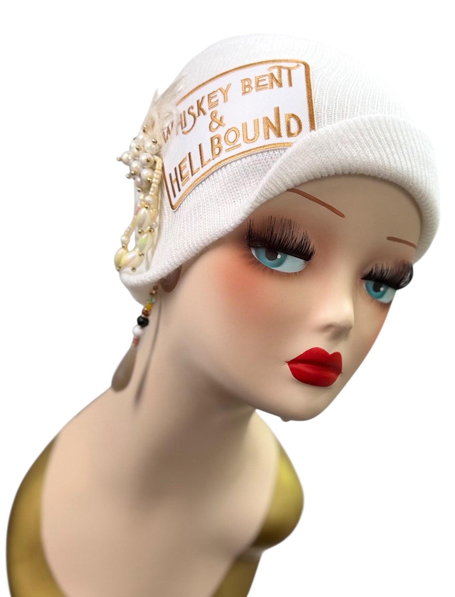 Whiskey Bent & HellBound Statement Patchwork Vintage Jeweled Embellished Fashionable Beanie